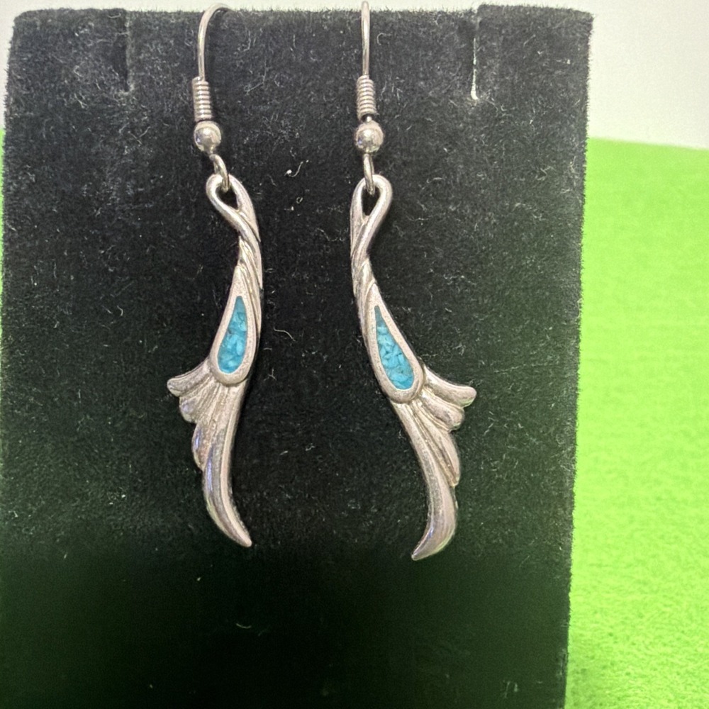 Southwestern Silver Tone Turquoise Inlay Bird Dangle Earrings Vintage Western